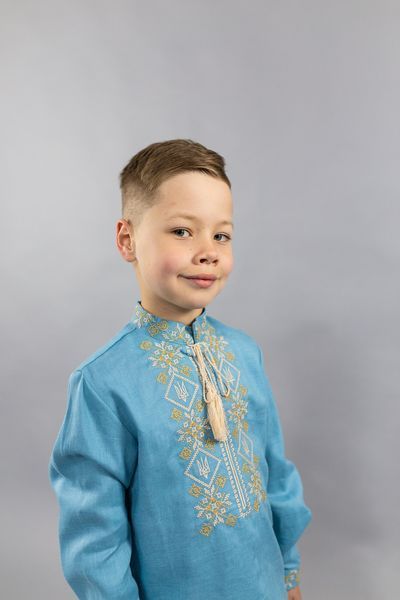 Вышиванка для мальчика Герб голубой лен золотая вышивка 116 2007.1 фото