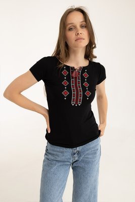 Вишиванка жіноча чорна з червоно-срібною вишивкою 01243546 фото
