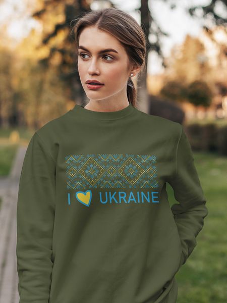 Світшот жіночий з принтом Орнамент I Love Ukraine (олива) 1243334 фото