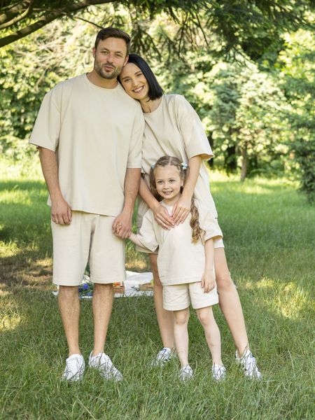 Семейный костюм "Family look" (футболка+шорты) "Мама+папа+ребенок" светло-бежевый 01243141 фото