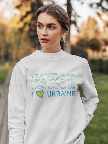 Світшот жіночий з принтом Орнамент I Love Ukraine (білий) 1243333 фото